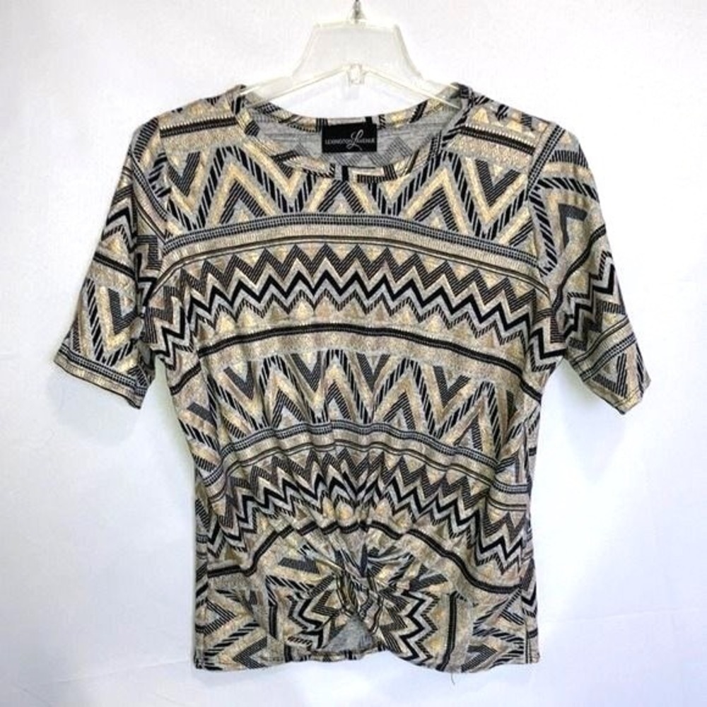 Lexington Avenue Chevron Twist Front Short Sleeve Women's XL Top Grey Gold